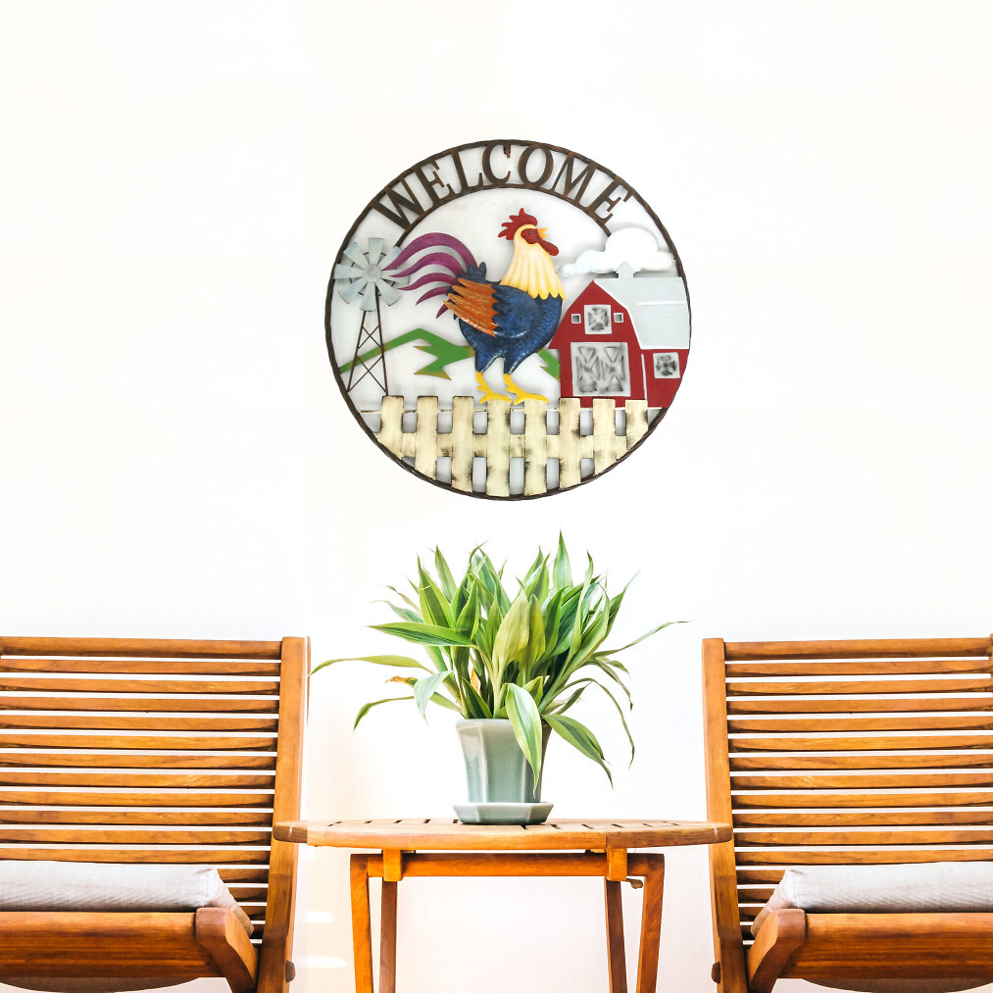 Alpine Corporation, Large Round Rooster and Farm 'Welcome' Decor, Model# SCC578L